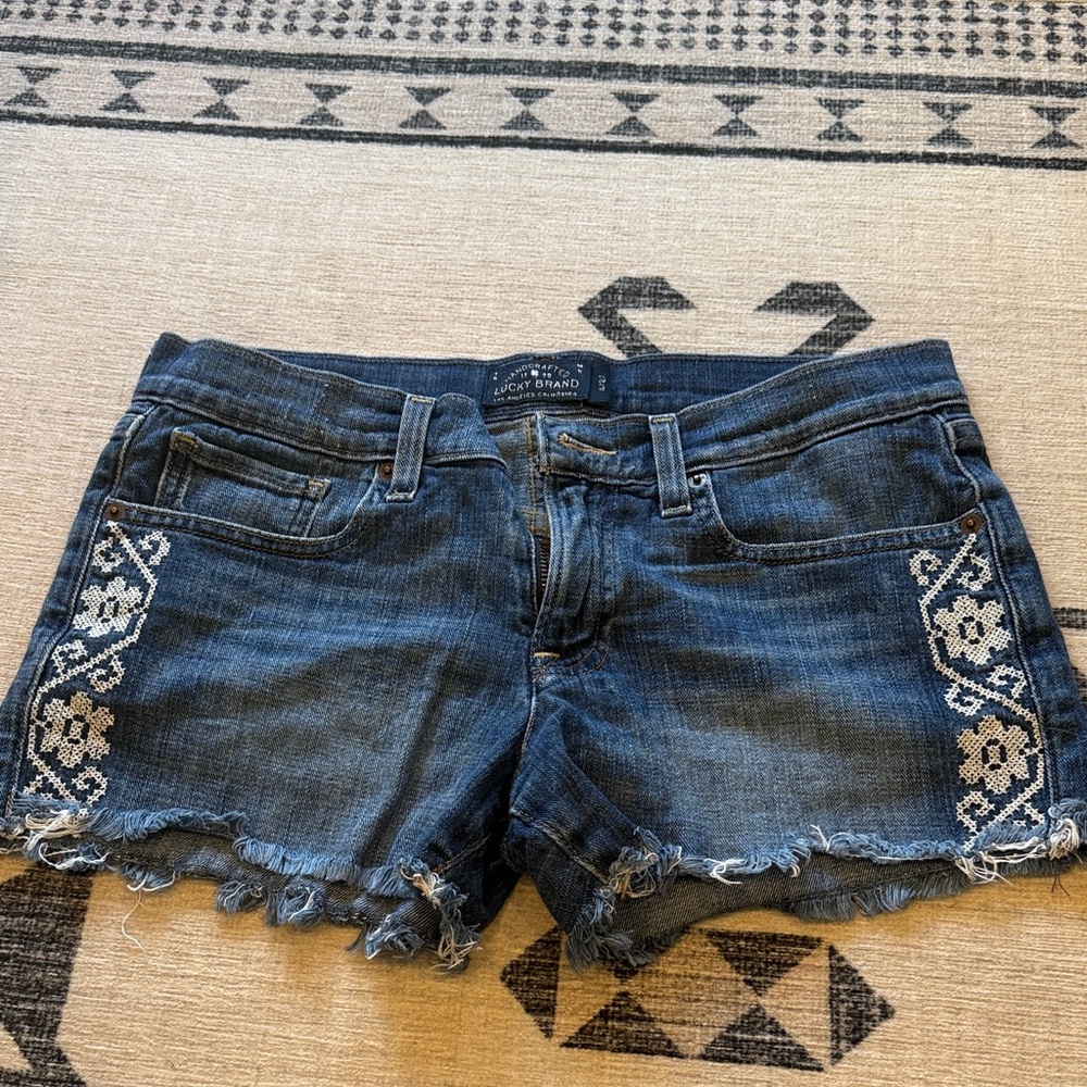 Lucky Brand Dark Blue Jean Shorts with White Embroidery